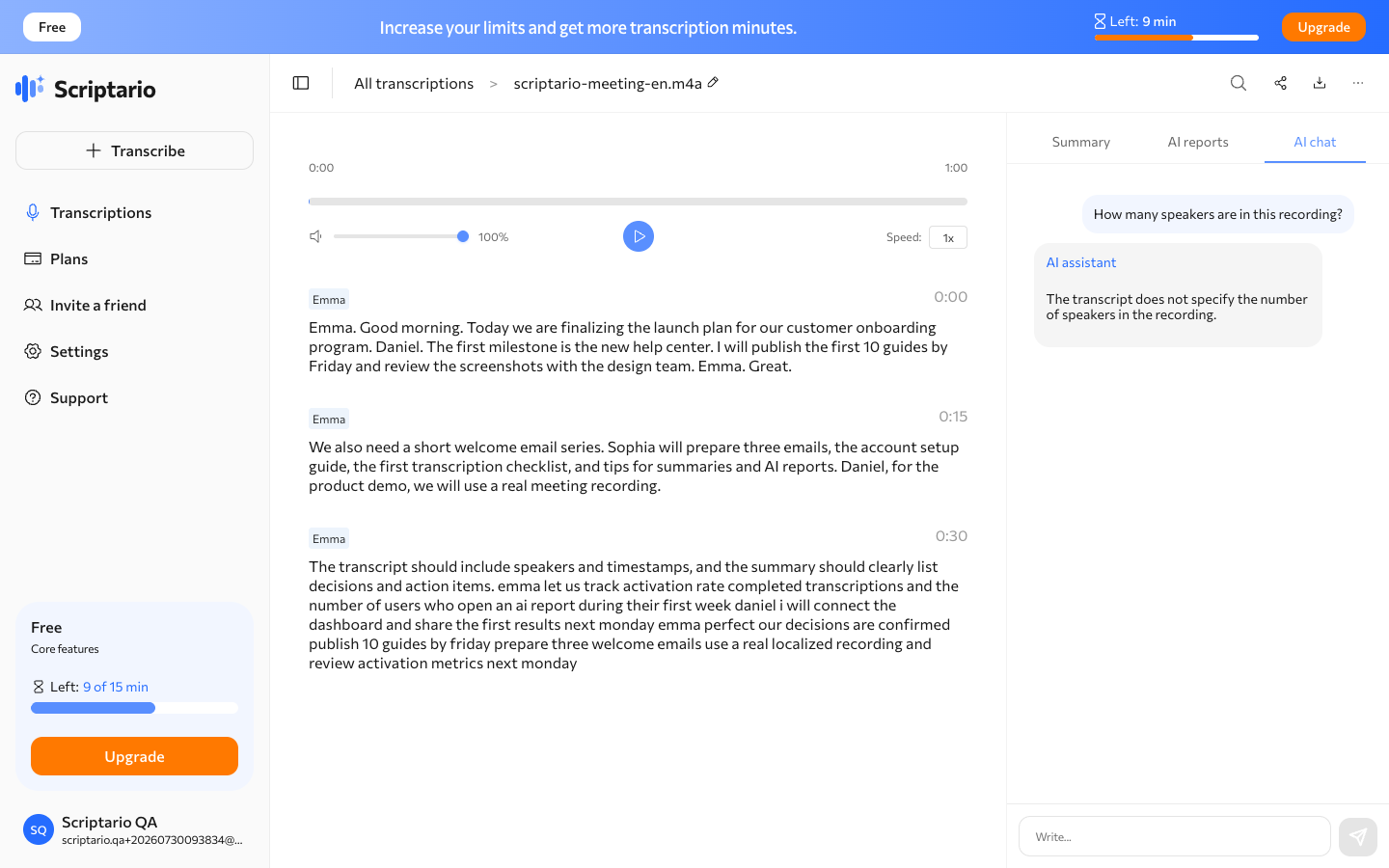 AI chat answering a question about the transcript