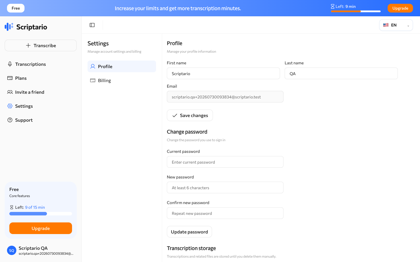 Scriptario profile settings