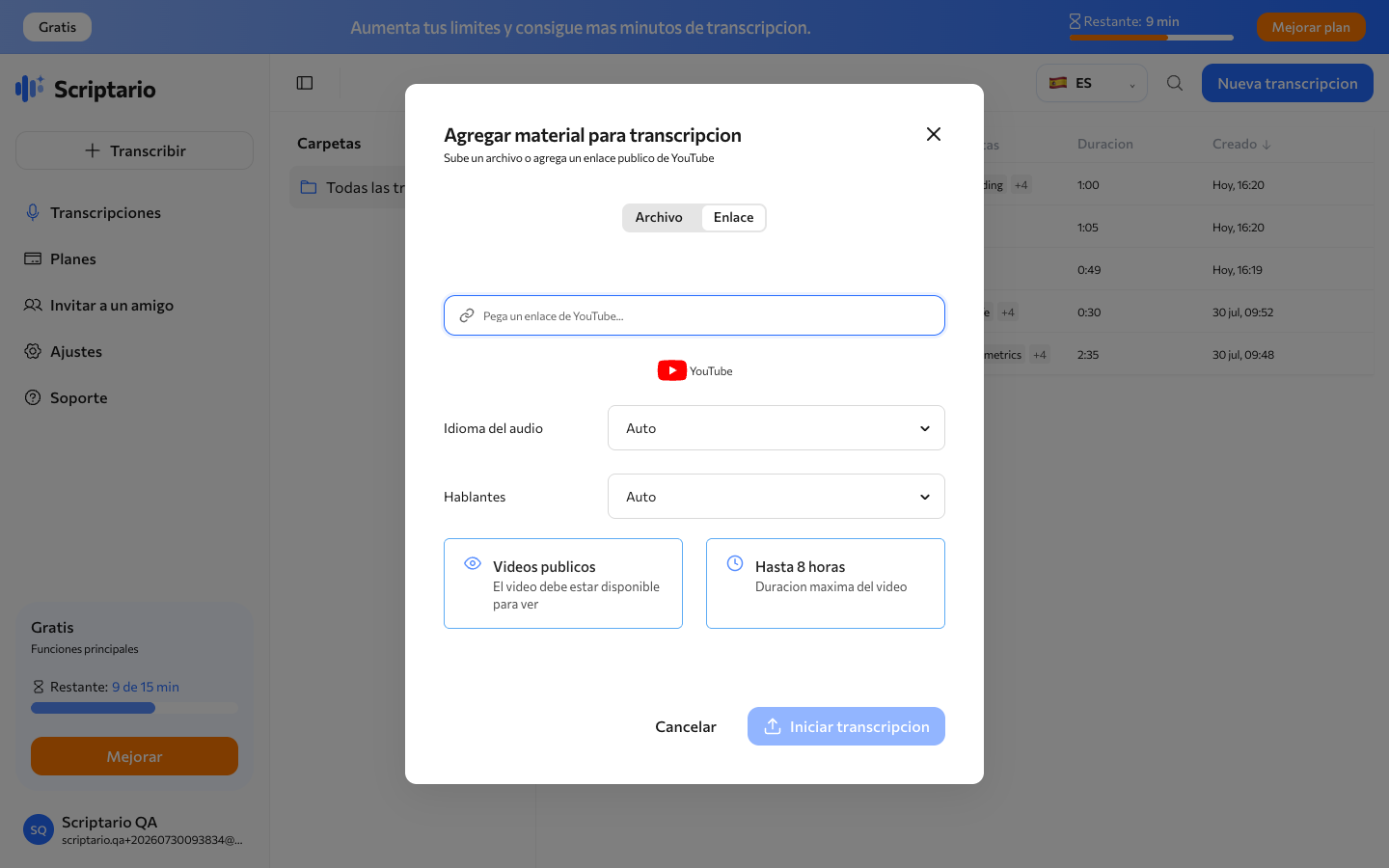 Formulario para transcribir un enlace de YouTube