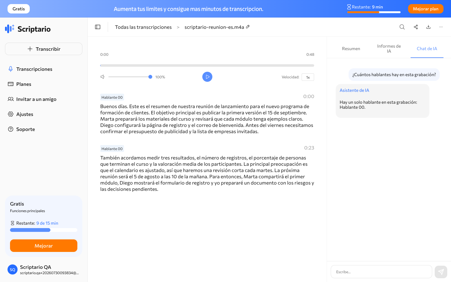 Chat con IA respondiendo sobre la transcripción