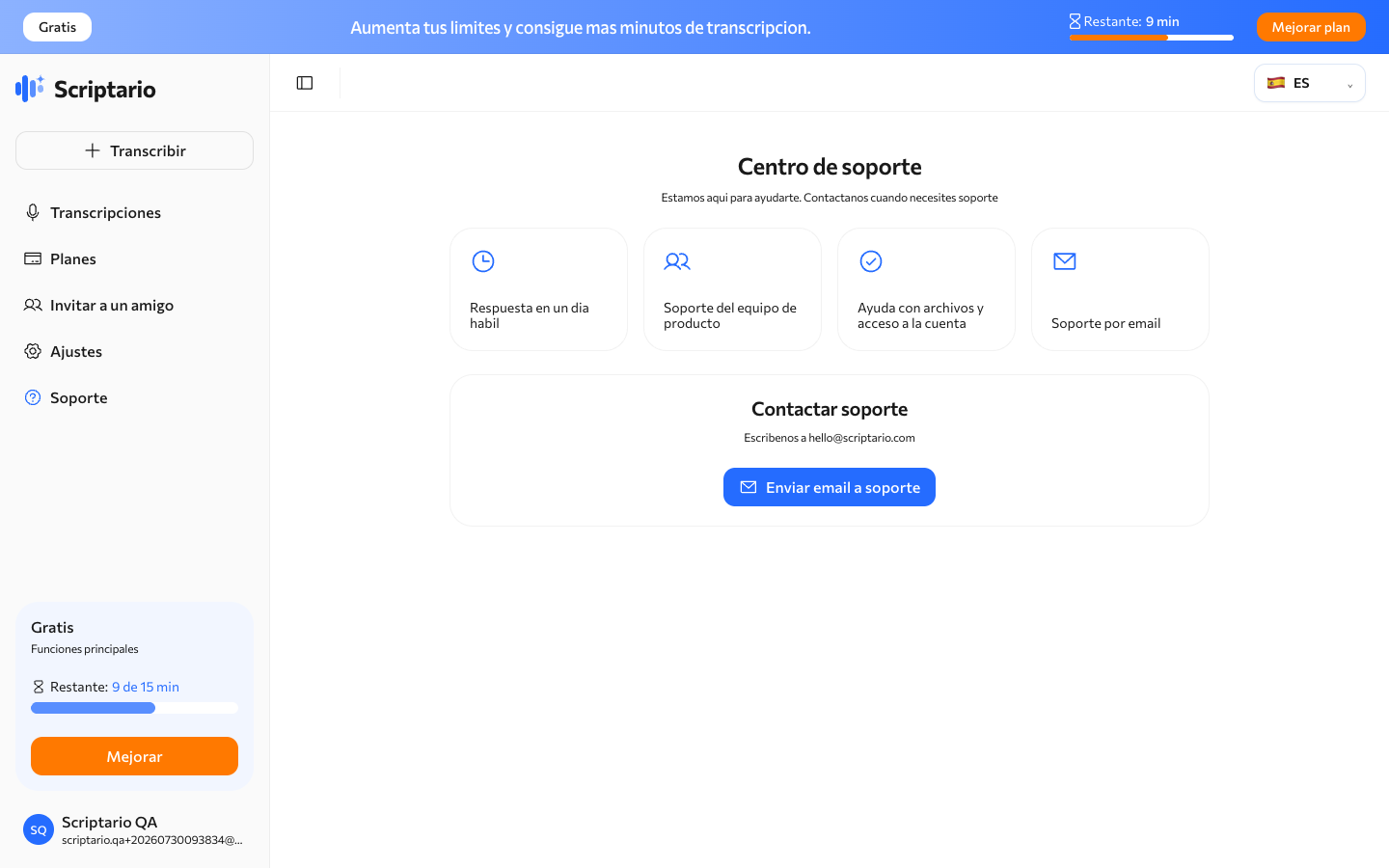 Página de soporte de Scriptario