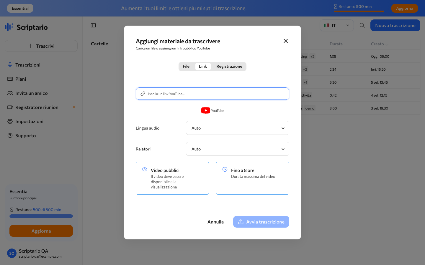 Modulo per trascrivere un link YouTube