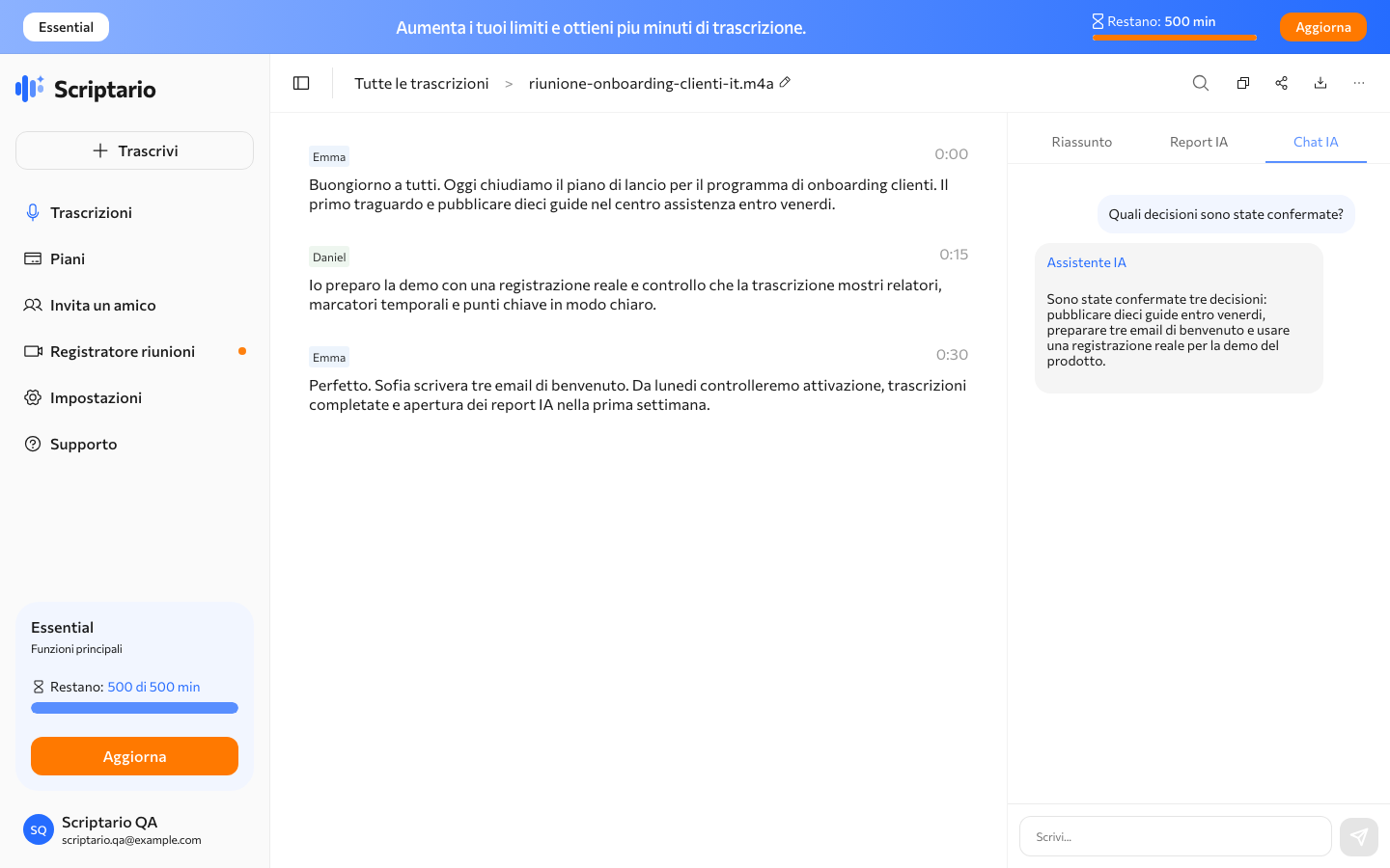 Chat IA che risponde sulla trascrizione
