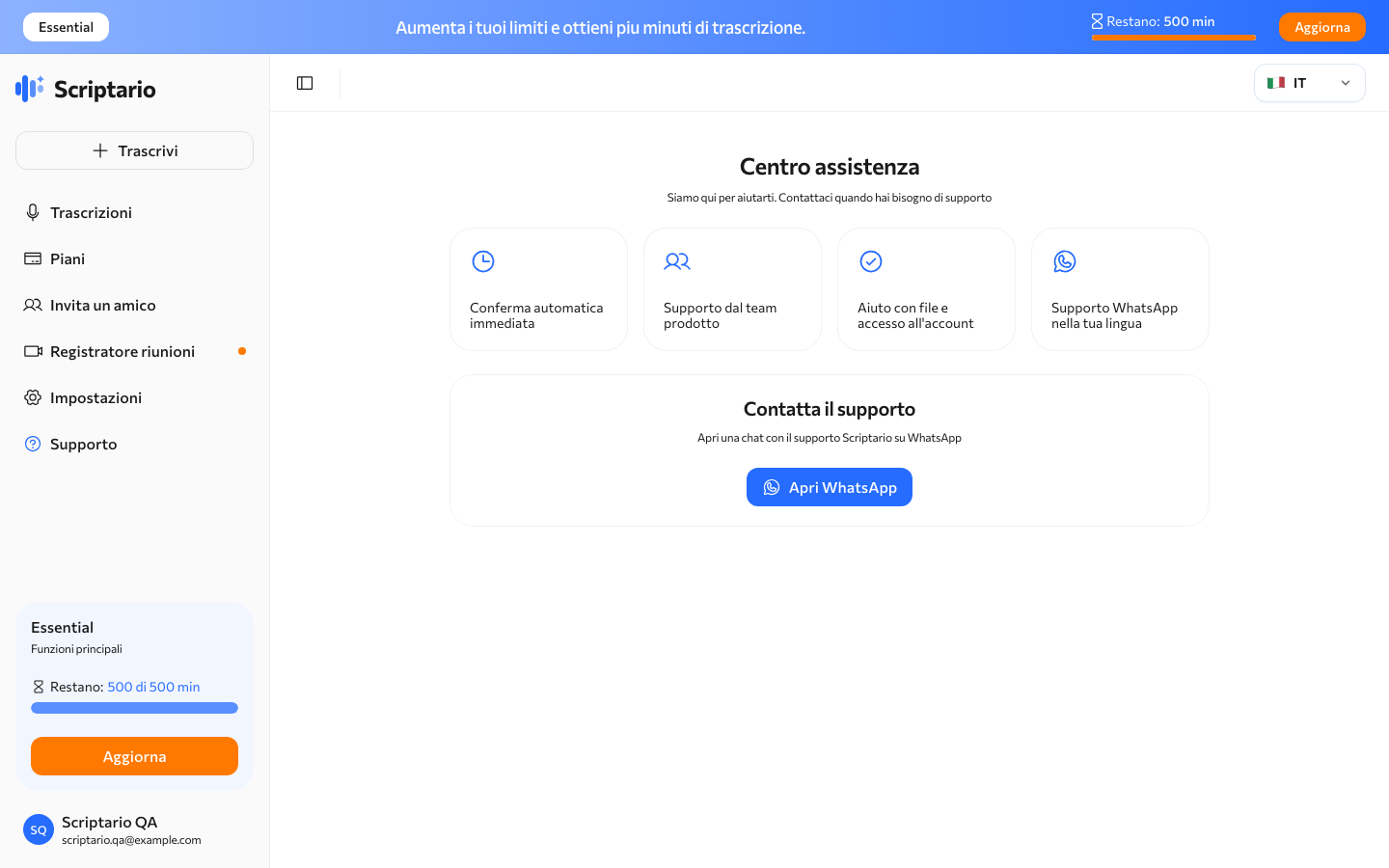 Pagina supporto di Scriptario