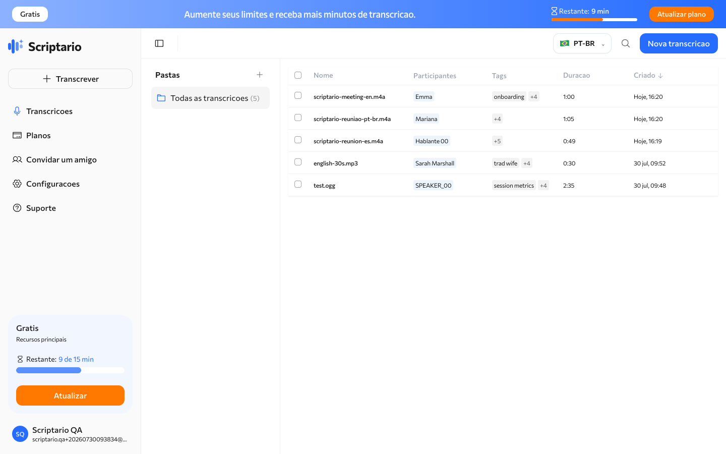 Workspace do Scriptario com a lista de transcrições