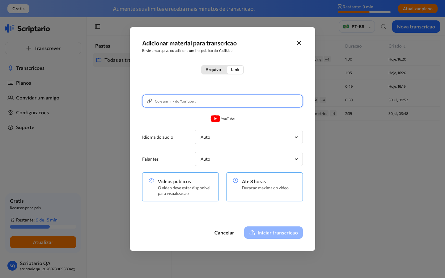 Formulário para transcrever um link do YouTube