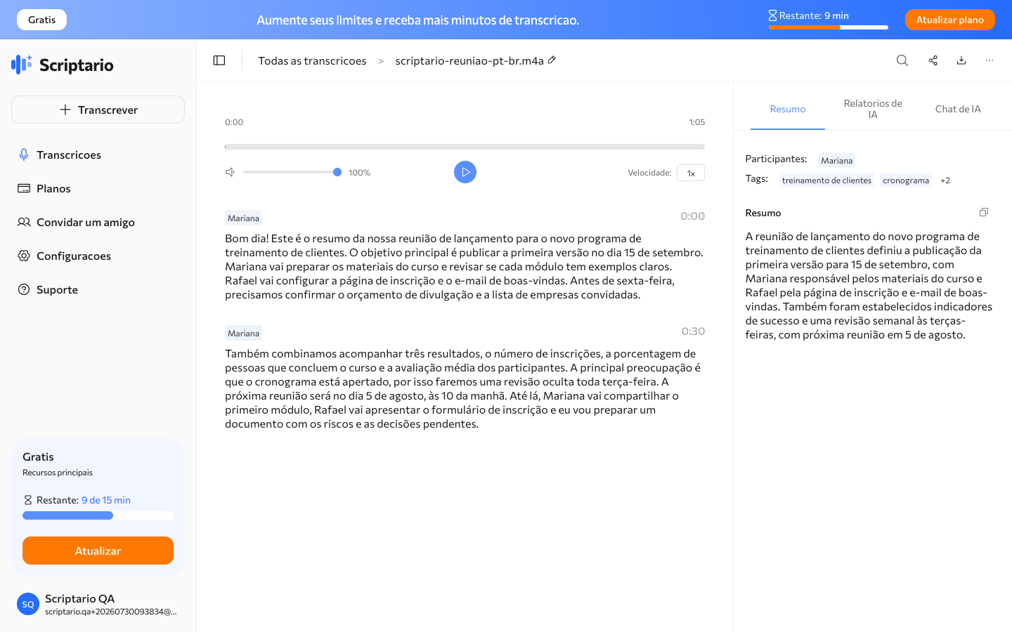 Transcrição em português com falantes e timestamps
