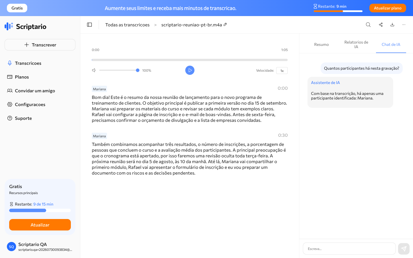 Chat com IA respondendo sobre a transcrição