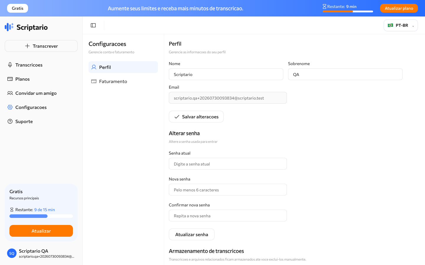 Configurações de perfil do Scriptario