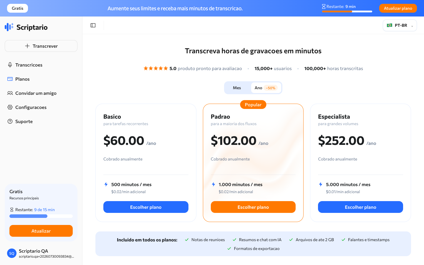 Planos de assinatura do Scriptario