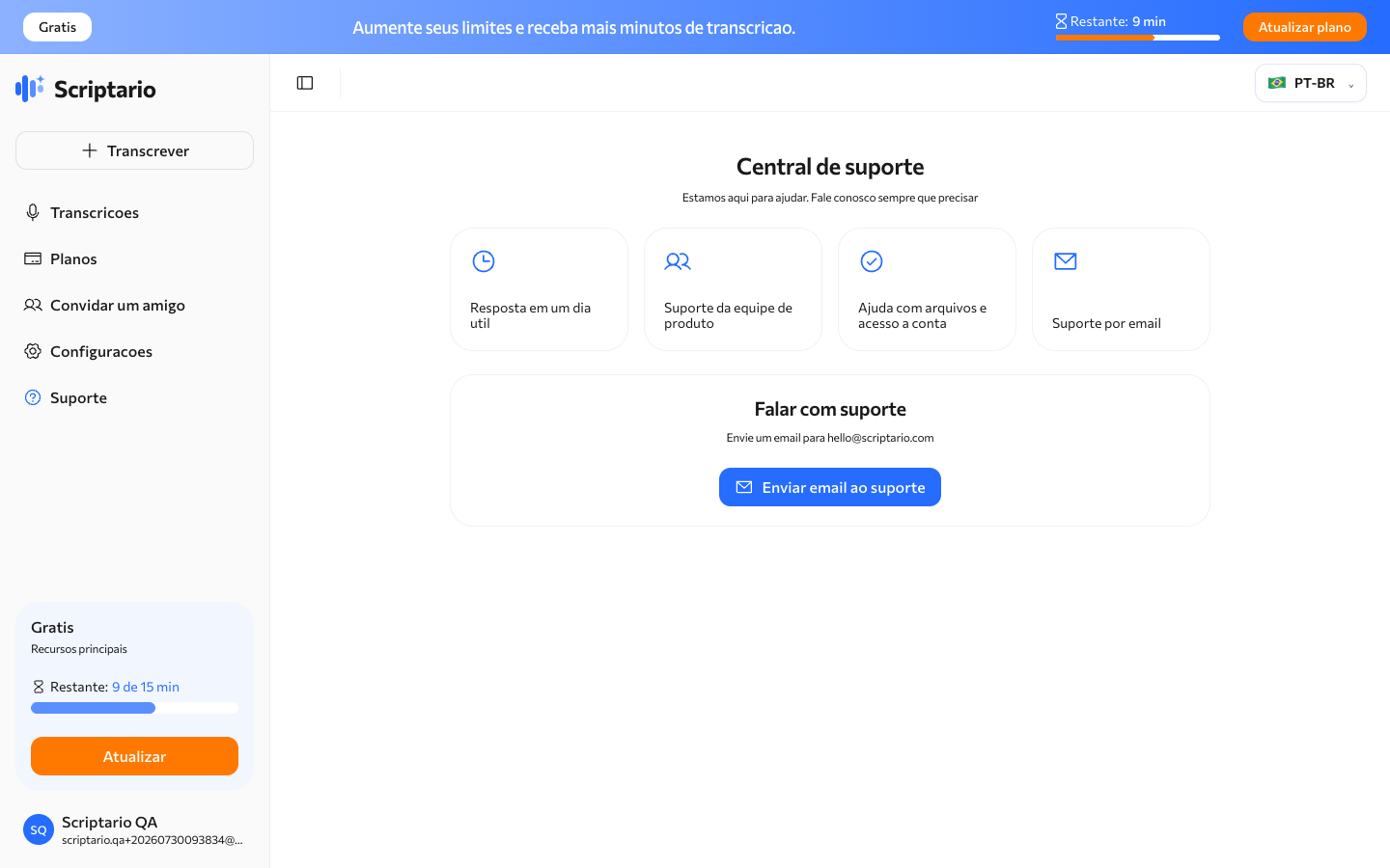 Página de suporte do Scriptario